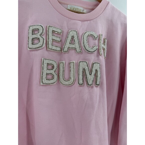 Judith March Pink Jewel Embroidered "Beach Bum" Oversized Large Sweatshirt EUC - Picture 2 of 8